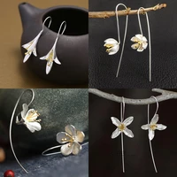 100 925 sterling silver long flower earrings for women elegant lady prevent allergy new design fashion jewelry