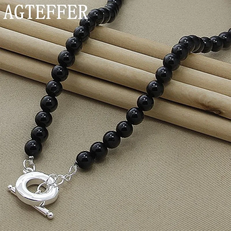 

AGTEFFER 8mm Black Pearl Necklace 925 Sterling Silver for Women Fashion Wedding Party Jewelry Gift