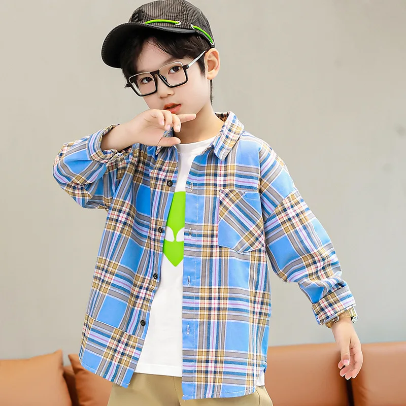 

Autumn 2021 Kids Cotton Plaid Shirts For Little Big Boys Casual Long Sleeve Blouses Clothes Children Spring Pullovers 4-16 Years