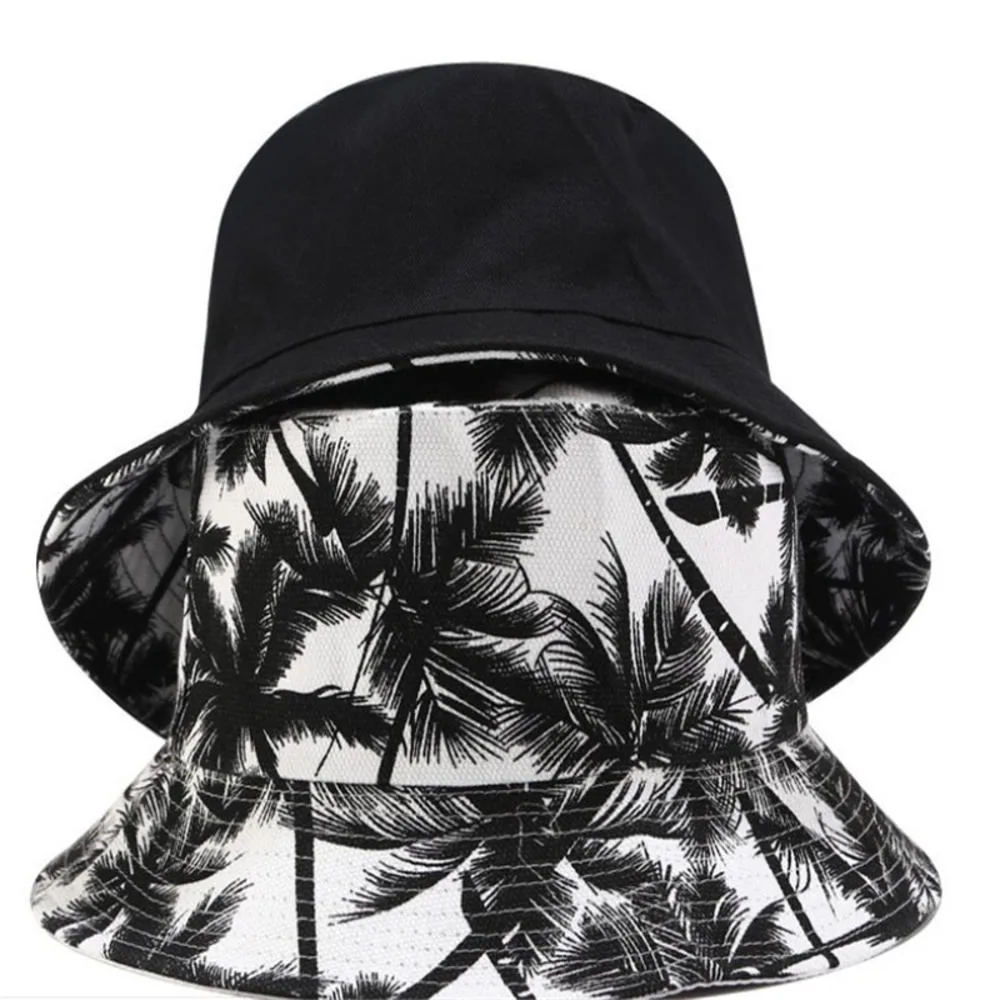 

Double-Sided Black and White Outdoor Coconut Tree Print Bucket Hats Fisherman Caps For Women Man Unisex All-Match