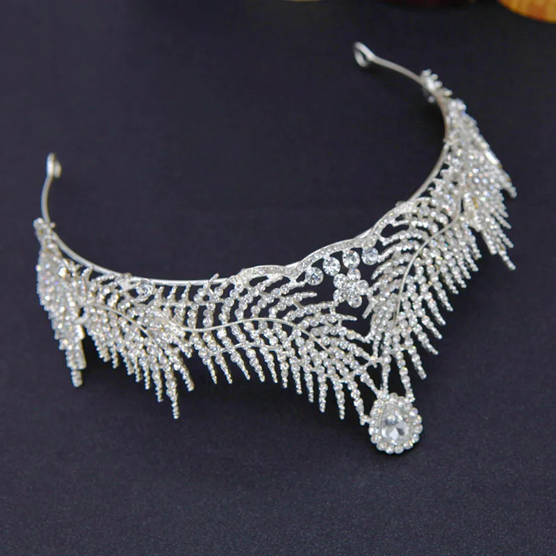 

Ymor Exquisite Silver Feather Bridal Headwear Crown Wedding Hair Accessories Crystals Hair Band Brides Queen Adult Tiaras