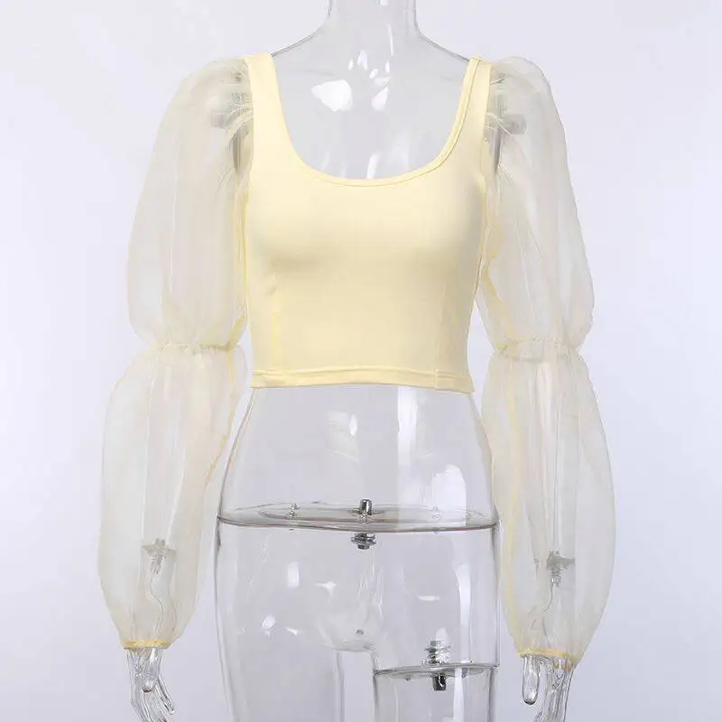 С пышными рукавами и квадратным вырезом Элегантная футболка весеннее