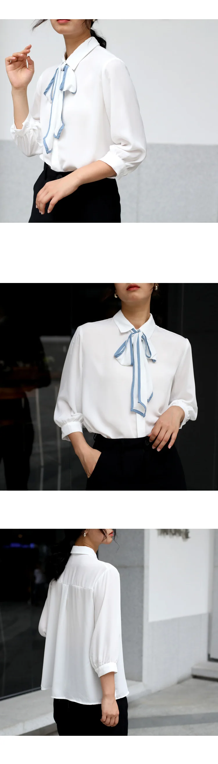 

houthion Chiffon Slim Women's blouses new Casual blouse fashion Three Quarter top Solid color Bow shirt summer