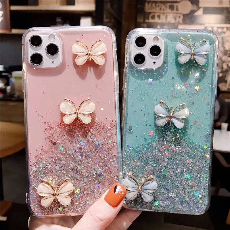 

Iphone Case Silver Foil Glue Drop Case for Iphone12Promax All-Inclusive Apple Se Flash Pink Butterfly Diamond Sleeve