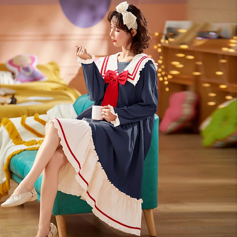 

Весенние ночные рубашки в стиле принцессы для женщин одежда для сна женская ночная рубашка с милым бантом Домашняя одежда ночная рубашка