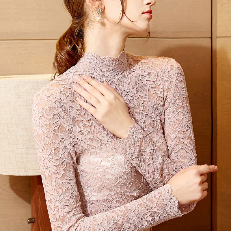 

2020 spring with Long Sleeve T new perspective sexy mesh top half high collar lace top