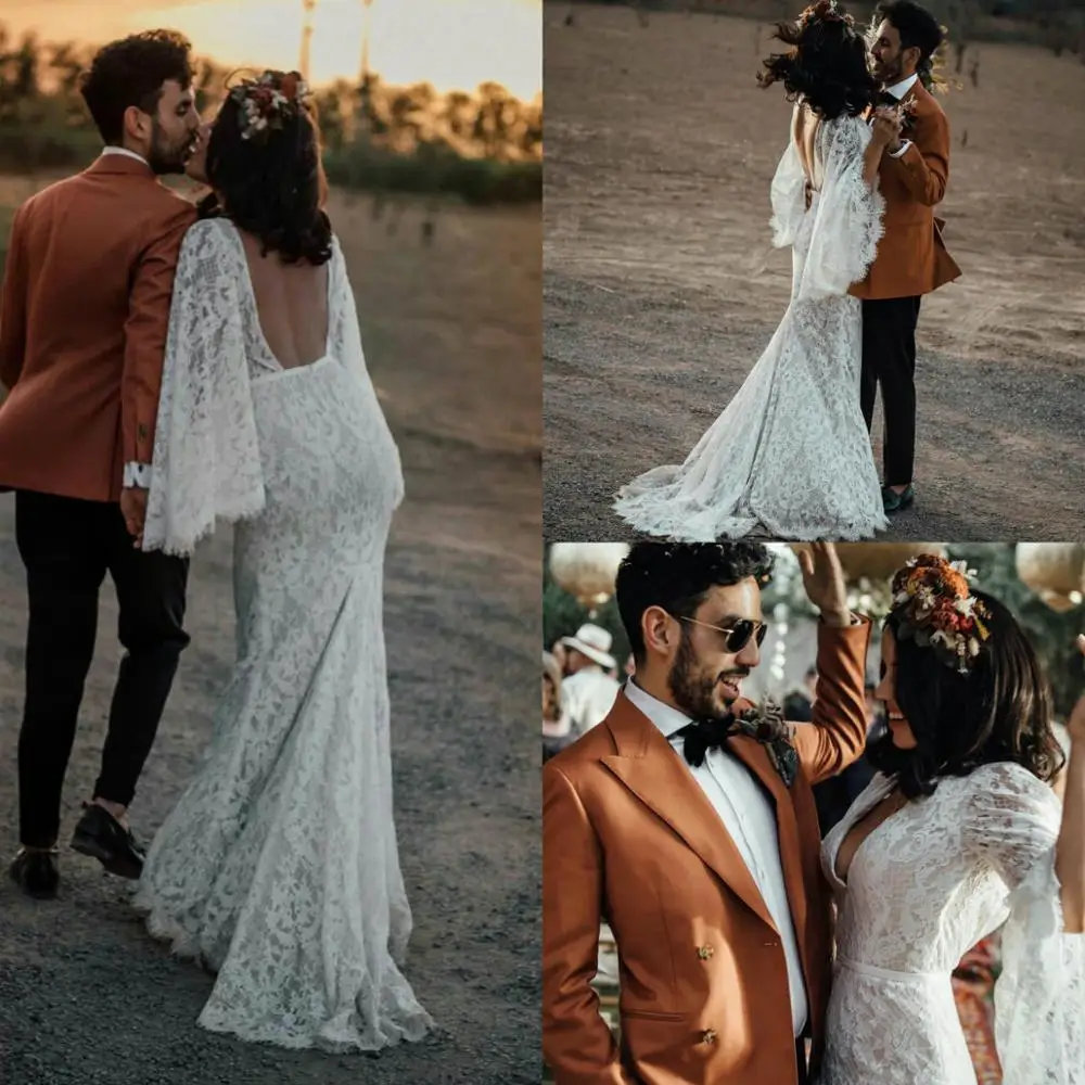 

2020 Bohemia Wedding Dresses V Neck Long Sleeves Lace Mermaid Bridal Gowns Custom Made Backless Sweep Train Boho Wedding Dress