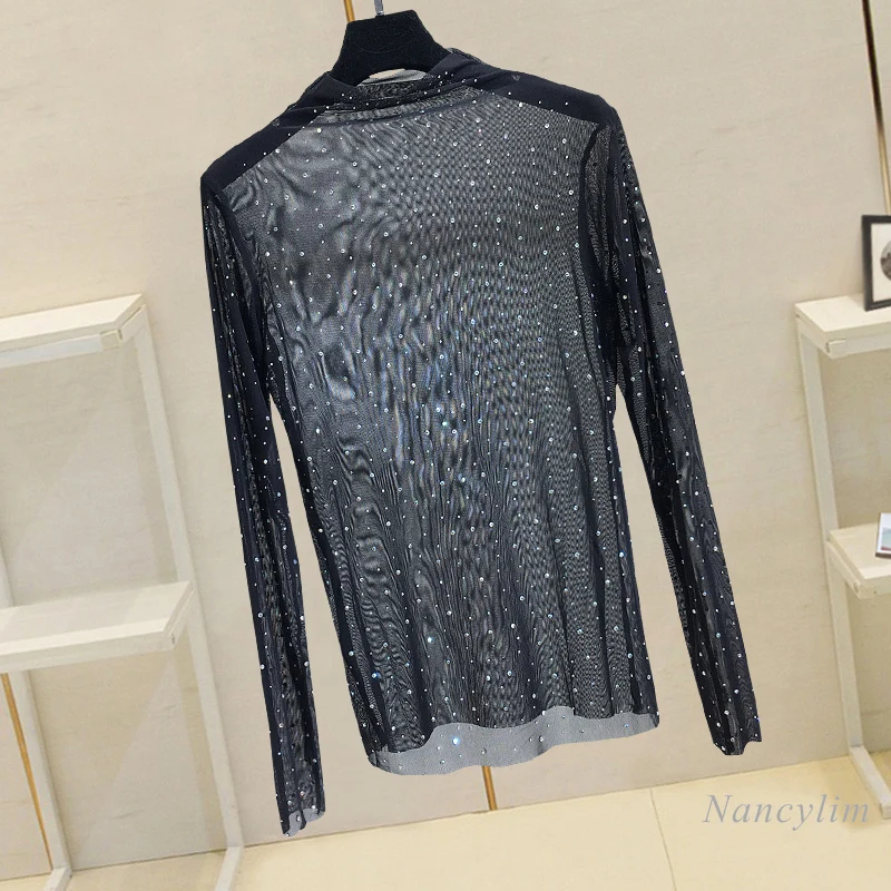 

Hot Rhinestone Top Mesh Shirt Women's Long Sleeved T-shirt Half Turtleneck Super Fairy Inner Wear Gauze Clothes Lady Top