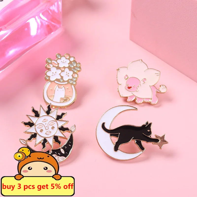 Эмалированная булавка на лацкан с изображением солнца луны розового льва кота