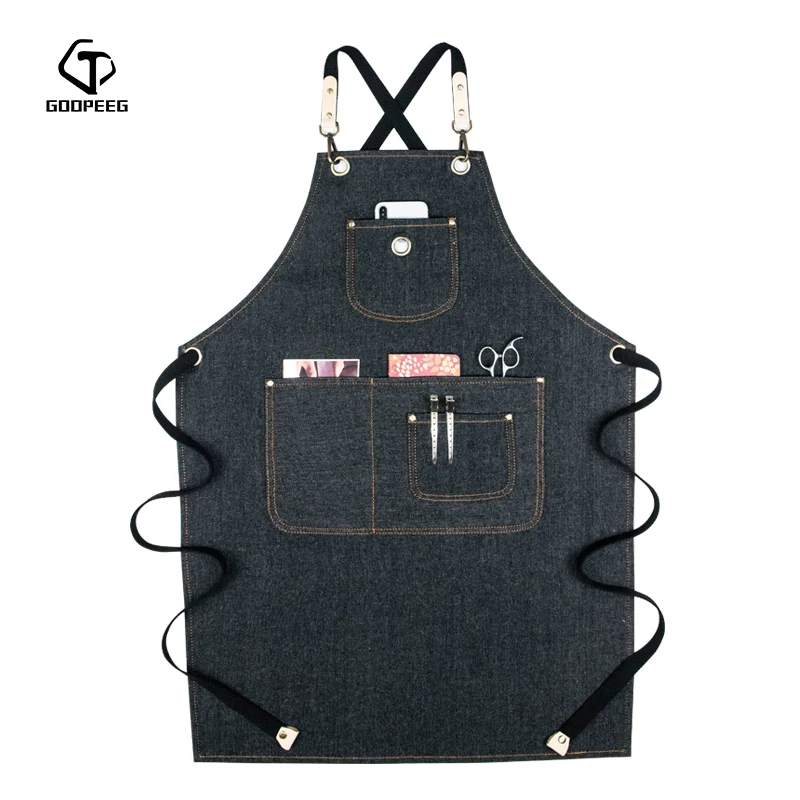 GOOPEEG fashion denim apron men and women work clothes custom barista milk tea barber shop draw LOGO | Дом и сад
