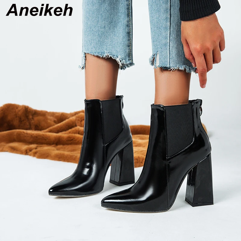 

Aneikeh Spring/Autumn Chelsea Boots Sewing Zipper Patchwork Fashion Trend Square Heels Women's ANKLE Shoes Bottines Femme 35-42