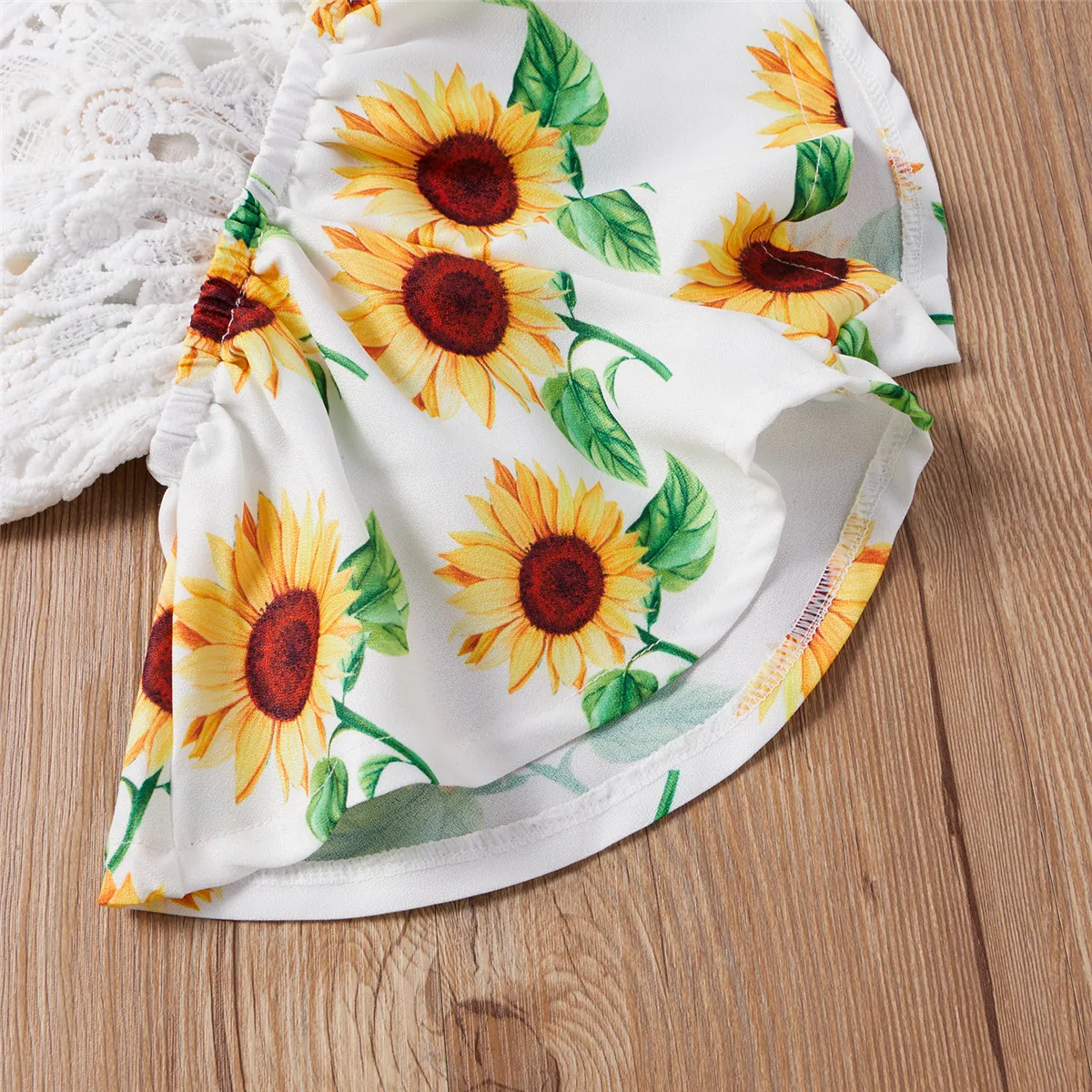 

2021 Infant Baby Girls Sunflower Print Short Romper Floral Hollow Out Sleeveless Lace Up Jumpsuit One Piece For Summer New