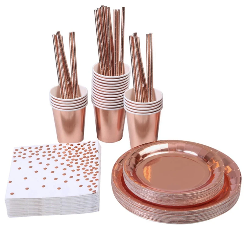 

146 Pcs Rose Gold Dot Party Tableware Paper Plates and Napkins Cups for Wedding Bridal Shower Engagement Birthday Party-ABUX