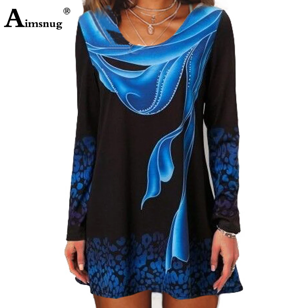 Aimsnug 2021 Women New summer Bohemian 3D Print Blue Tops Long Sleeve Elasticity Female T-Shirt Casual Loose Ladies Tees Shirt