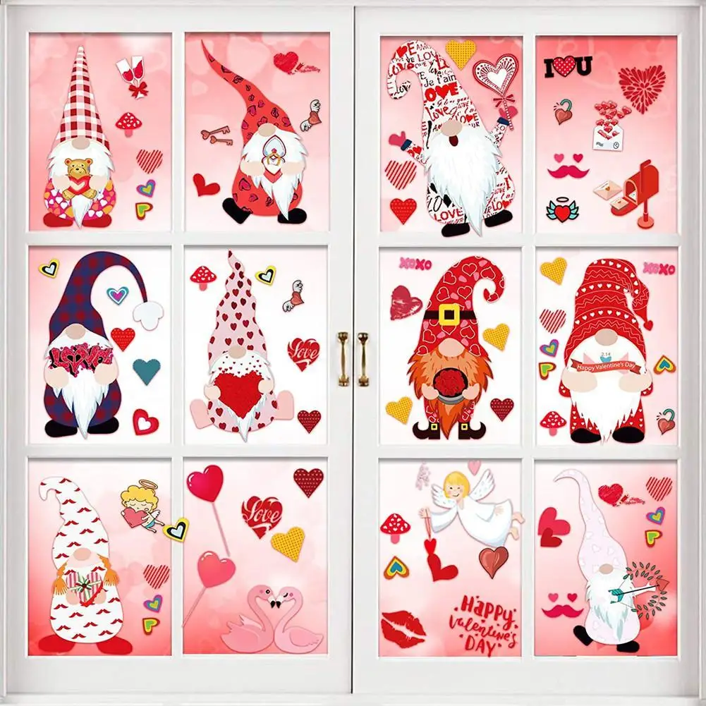 

9 Sheets Valentine's Day Gnome Window Cling Decorations Removable Valentines Window Decal Stickers Decorations
