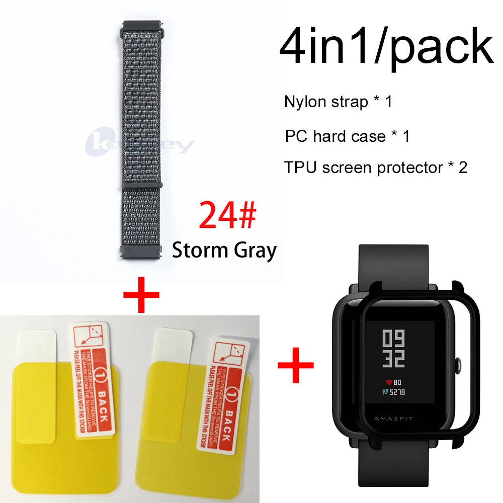 24-Black case 4в1 для Xiaomi Huami Amazfit ремешок bip браслет нейлоновая петля Smartwatch Браслет amazfit bip чехол с защитой экрана - Цвет: 24-Black case
