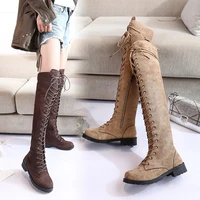 fashionable womens round toe over the knee cross lace up side zipper boots size 35 43
