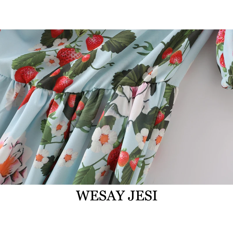 

WESAY JESI Women's Clothing TRAF 2021 Dress Elegant Off-the-shoulder Dress Short Sleeve Loose Elastic Flower Print Vintage Dress
