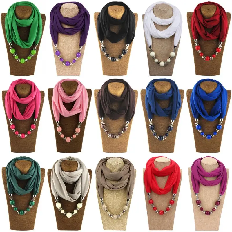 

Women Fashion Neckerchief Ring Scarf Necklaces Beads Solid Color Jewelry Shawl Lady Female Casual Winter Neck Wraps Warm