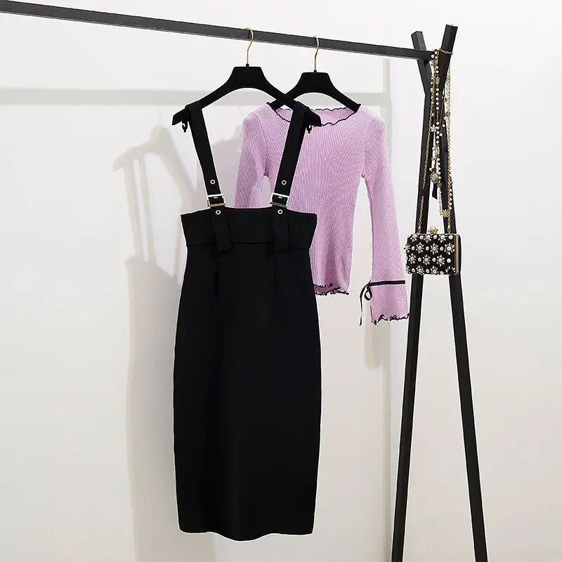 Осень 2019 Женский вязаный Топ с расклешенными рукавами и бантом + черная юбка