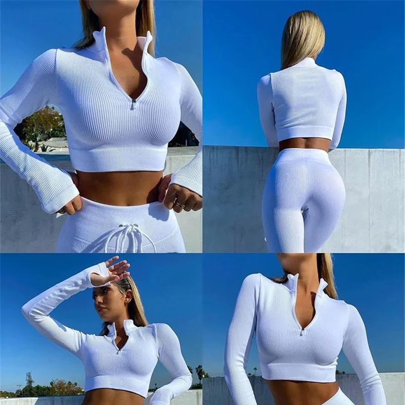 Solid Zip Ribbed Fitness Yoga Set Women Gym Clothes Short Sleeve Zipper Crop Top High Waist Legging Pants Workout  Tracksuit
