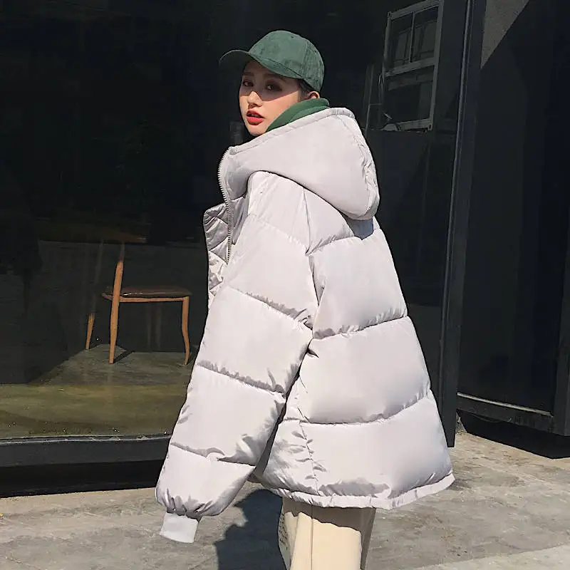 Корейский стиль теплая зимняя куртка для женщин с капюшоном однотонный черный