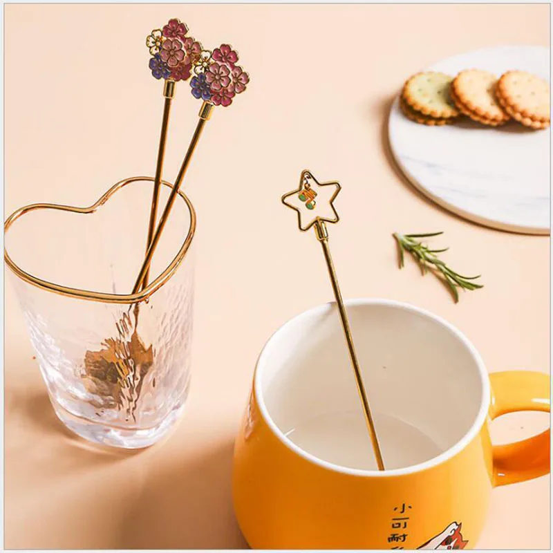 2PCS Cherry Blossom Spoon Fork Japanese creative cute stainless steel coffee spoon Home kitchen star long handle stirring | Дом и сад