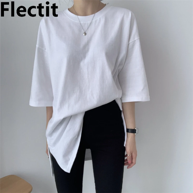 Женская хлопковая футболка с коротким рукавом и разрезом по бокам | одежда