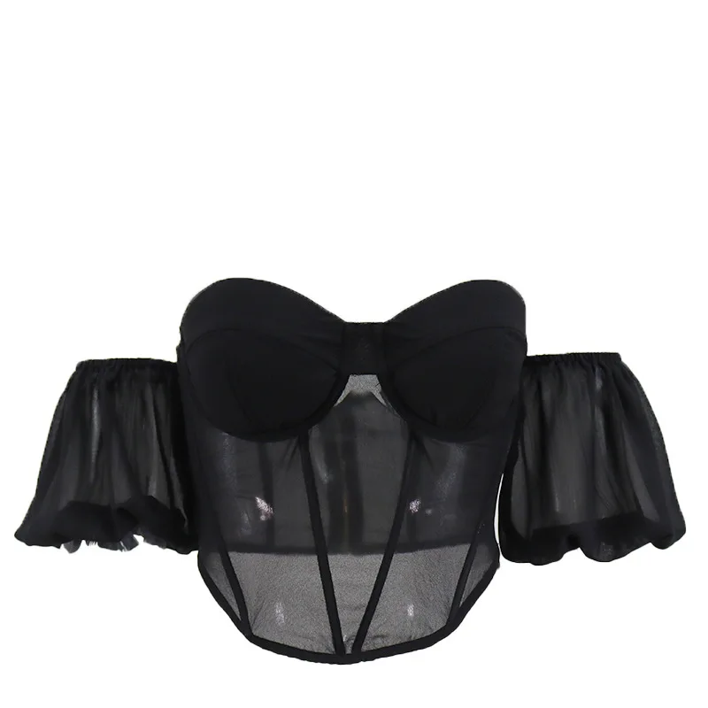

Women Fashion Chiffon Strapless T-shirts Lady Cute Trendy Off Shoulder Lantern Sleeve Short Clothes Women Sexy Tops Streetwear