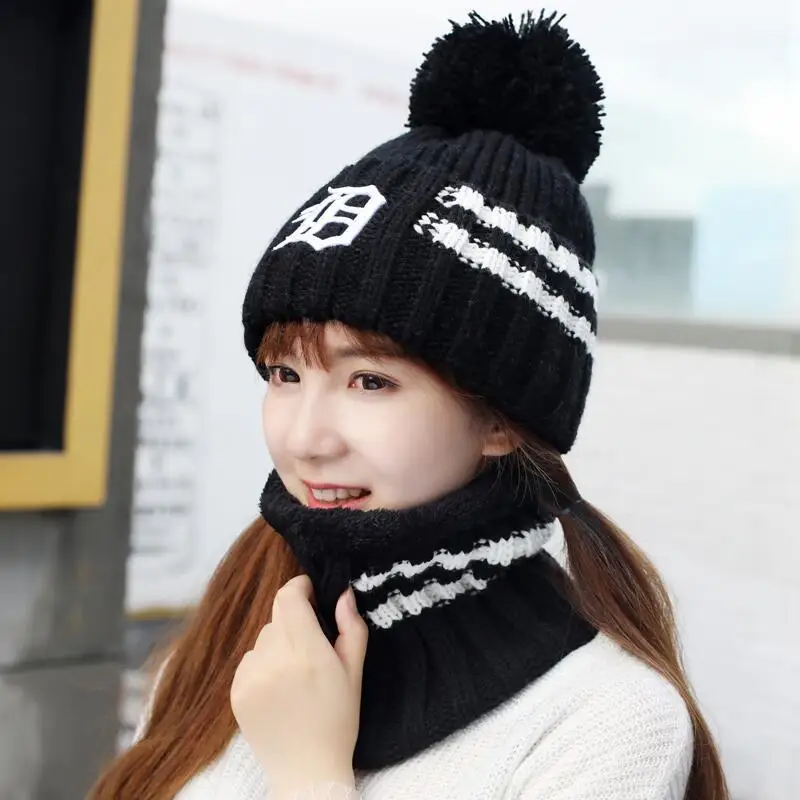Для девочек лыжный новый бренд большой мех помпоны вязаный шарик шапки шарф