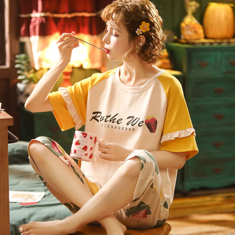 

Round Neck Short-sleeved Pajamas Ruffled Cute Soft And Fashionable Sleepwear Summer Cartoon Comfortable Casual Ladies Home Wear