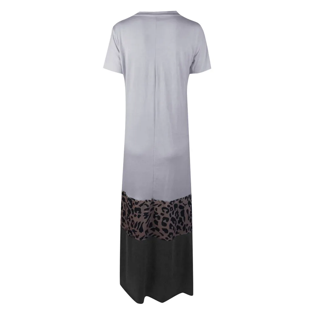 

Casual Long Summer Dress Women Loose V Neck Short Sleeve Leopard Patchwork Maxi Dresses Elegant Sexy T Shirt Dress Vestidos