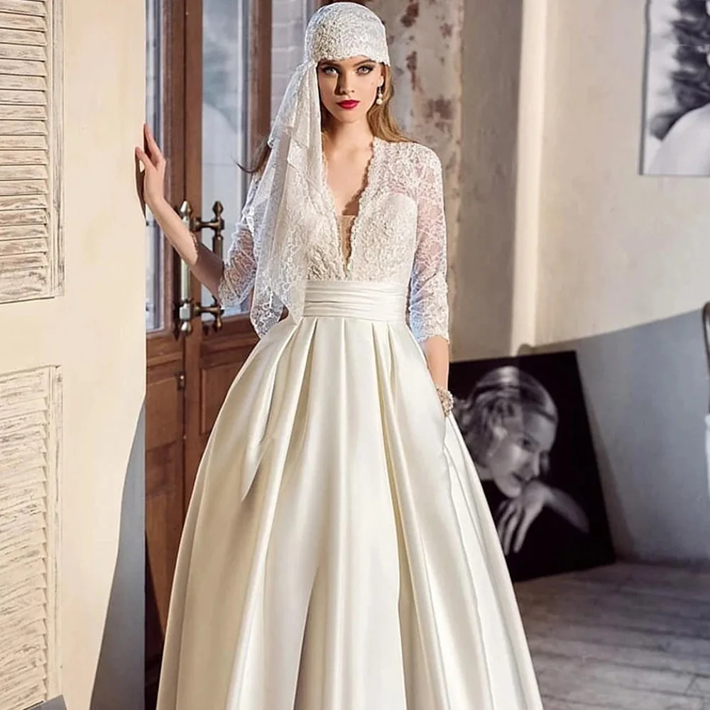 

Turkey Ivory A-Line Wedding Dresses With Pockets Lace Half Sleeve Deep V-neck Garden Chapel Bridal Gowns Custom Made