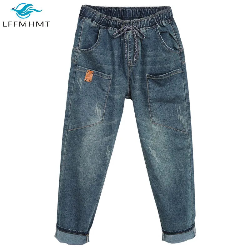 

Women Spring Fashion Large Size Jeans Elastic Waist 100kg Oversized Loose Casual Denim Pant Office Lady Wild Harem Chic Trousers