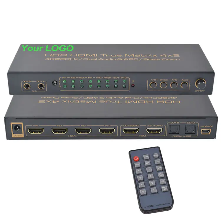 OEM ODM HDMI ARC Audio Extractor 3.5mm Toslink Spdif Out 2.0 4 Port 2 Out HDMI Switch Splitter 4x2 2x4 Switcher 4K HDMI Matrix