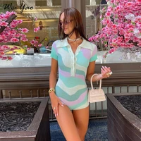 house wear of sunny playsuit women summer sexy bodycon v neck short sleeve patchwork casual knitted romper y2k sexy bodysuits