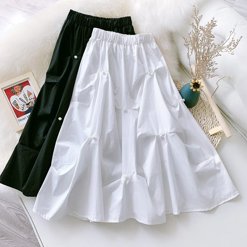 

Wasteheart Summer New Black White Skirts Women Fashion Mid-Calf Length Skirt All-match Polyester Clothing Sexy A-Line Skirts
