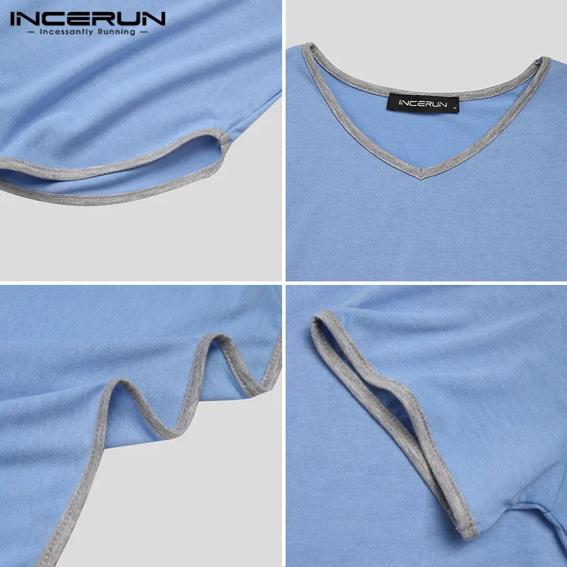 

INCERUN Men Robes Homewear Patchwork Short Sleeve V Neck Soft Casual Bathrobes Comfortable Mens Nightgown Dressing Gown S-5XL