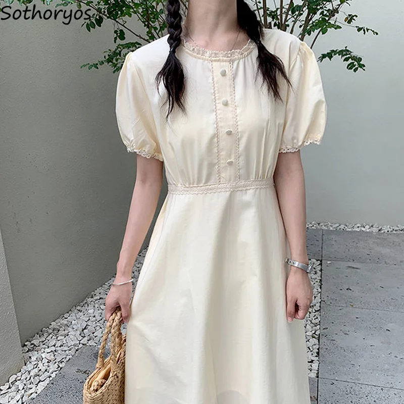 

Women Short Puff Sleeve Dress Solid Sweet Fairy Ruffles High Waist Mid-calf Fashion Retro Princess Lovely Elegant Teens Lace-up