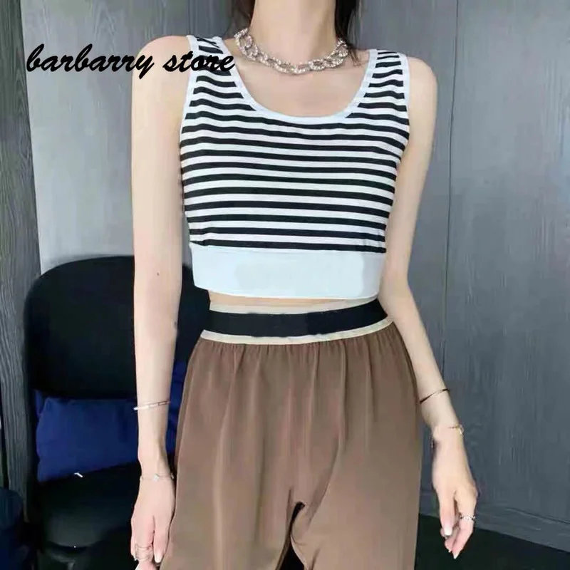 

luxury brand stripe color contrast women's fashion short knitted top sexy low collar slim knit suspender versatile casual vest
