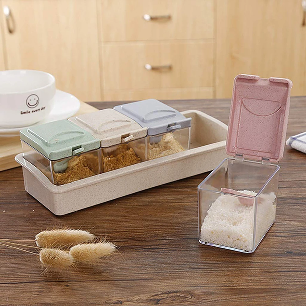 Приправа для хранения коробка Пшеничная солома с ложкой 4 отсеками специй