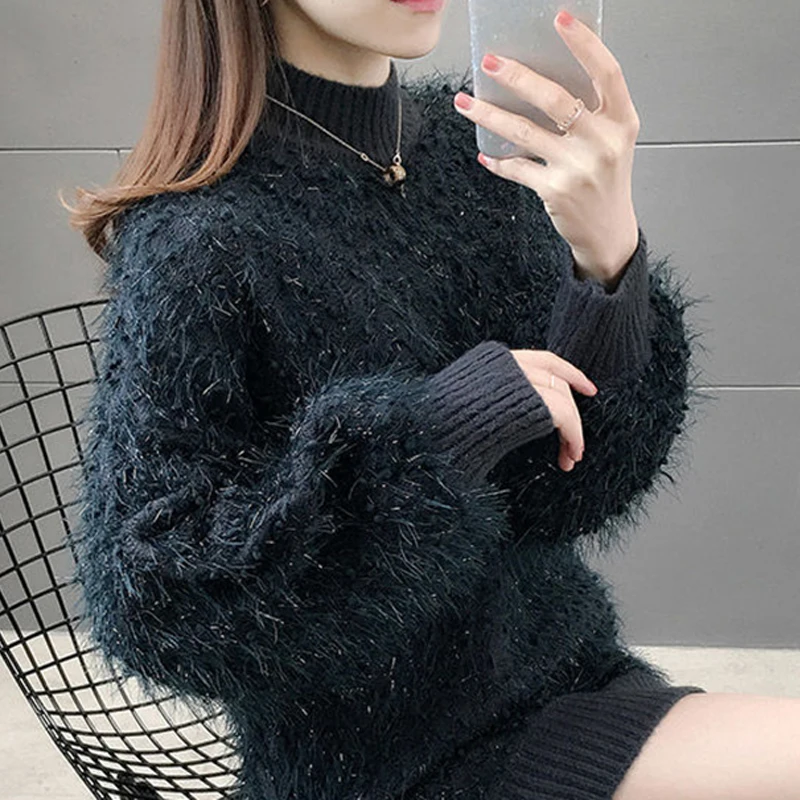 vangull Vintage Half Turtleneck women Sweater Solid color Loose Long Sleeve Knit Furry poullovers Lazy Style Top Bottoming Shirt | Женская