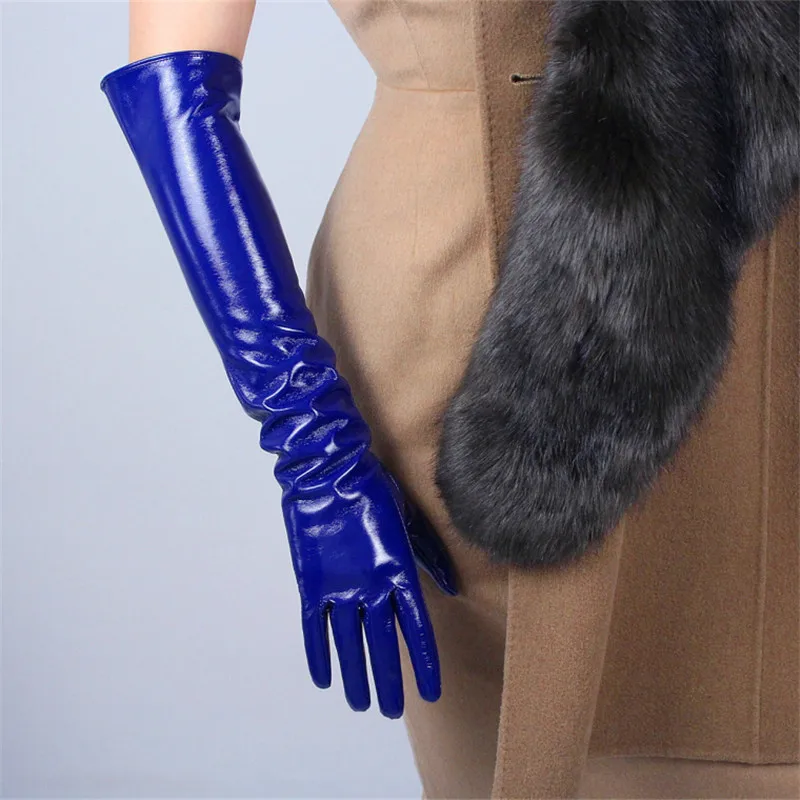 

2020 Patent Leather Long Gloves 50cm Long Section Emulation Leather PU Leather Mirror Bright Royal Blue Dark Blue Female PU30