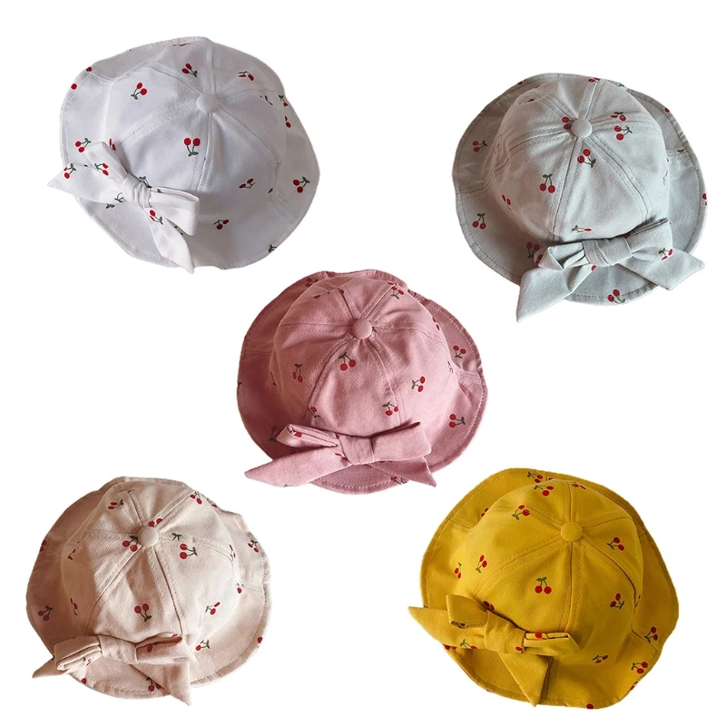 

Kids Bucket Hats Big Bow Cherry Print Fisherman Sunhat Spring Summer Cap Baby Girl Outdoor Activity Children Wear