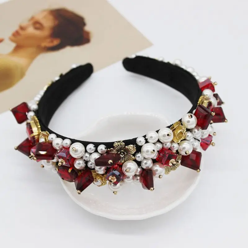 

Handmade Colored Geometric Faux Crystal Pearls Headband Women Banquet Prom Wide Hair Hoop Retro Baroque Palace Jewelry Headwear