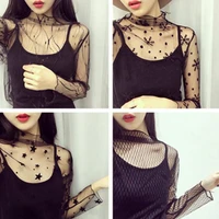 spring and summer black sexy see through long sleeved mesh bottoming shirt with fashionable short camisole black backless jacket