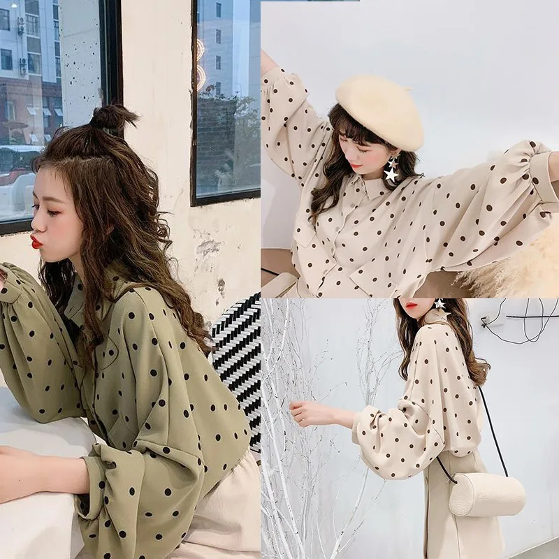 

Women Clothes Ladies Autumn Korean Style Loose Casual Polka Dot Pattern Blouse Fashion Sweet Long-sleeved Women's Shirt One Size