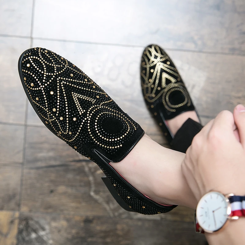 Роскошные Дизайнерские мужские туфли Стразы с пряжкой на плоской подошве