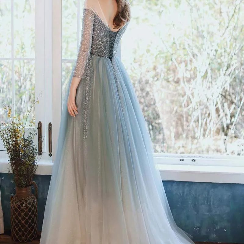 

Blue Prom Dress Dreamy Gradient Evening Gown Glitter Banquet Transparent Off Shoulder Elegant Long A Line Cocktail Party Dress