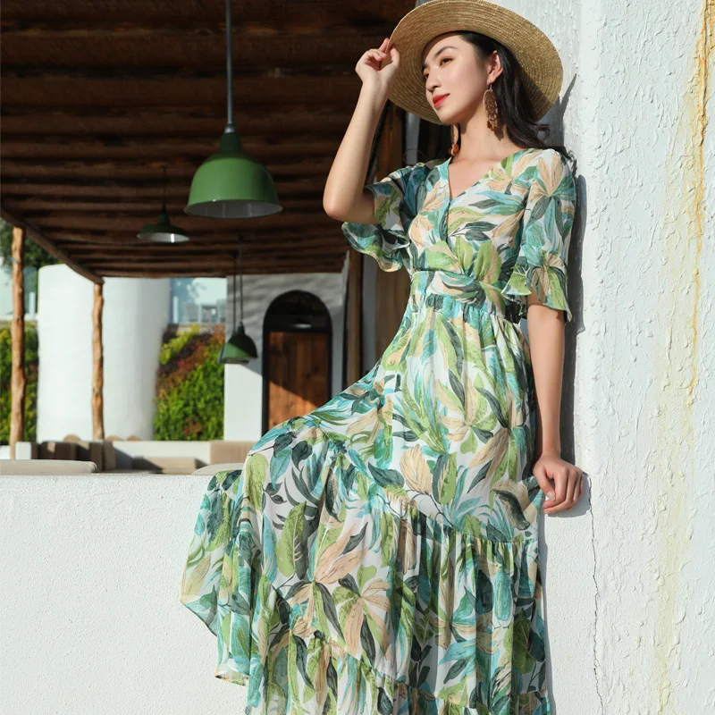 

New Summer Dress 2021 Fashion Green Floral Print V-neck Short-Sleeve Chiffon A-line Slim Long Midi Dress Casual Beach Style